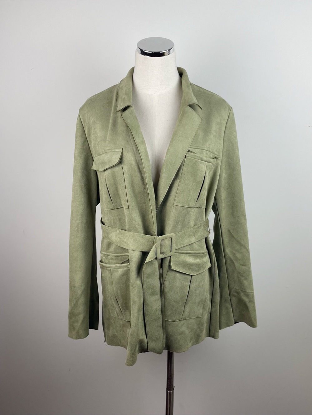 Solitaire Solid Green Collared Belted Jacket Women Large Suede Like Material